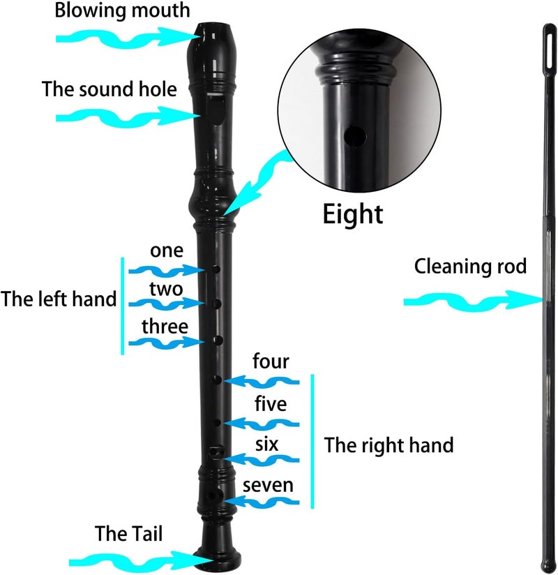 Funstreet Black Soprano Recorder Instrument 8 Hole C Key Baroque Fingering Clarinet ABS Music Flute with Cleaning Rod and Storage Bag - Image 3